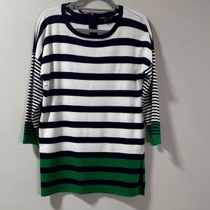 Cable & Gauge Navy and Green Striped tunic Sweater size Large 6109